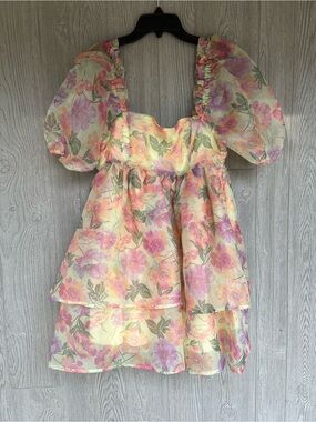 Chelsea & Violet Floral Organza Babydoll Mini Dress Puff Sleeve Cottagecore Sz S
